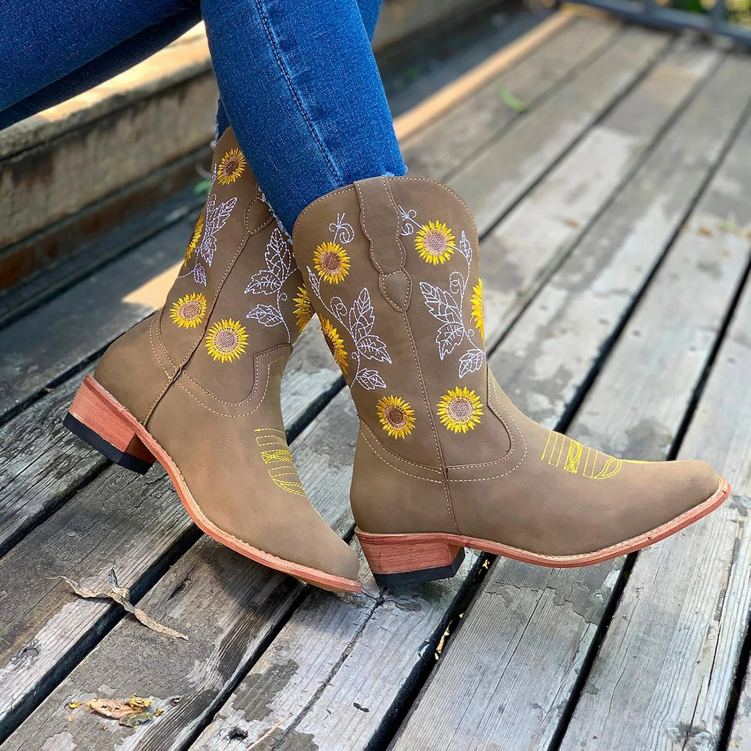 SBGMoSJ Cowboy Boots Women Size 9 with Sunflowers Western Booties Women Ankle Boots Wide Knee Boots for Women Wide Calf with Heel Womens Black Cowgirl Boots Wide Calf Womens Suede Boots Mid Calf Wide