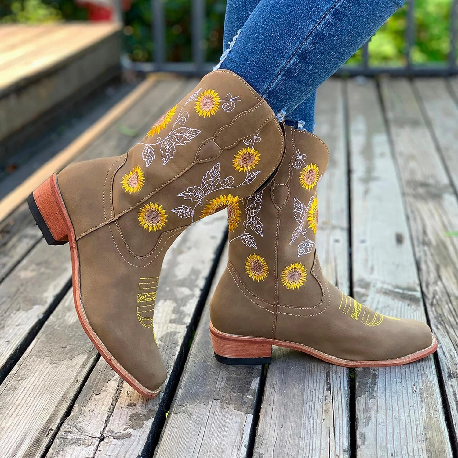 SBGMoSJ Cowboy Boots Women Size 9 with Sunflowers Western Booties Women Ankle Boots Wide Knee Boots for Women Wide Calf with Heel Womens Black Cowgirl Boots Wide Calf Womens Suede Boots Mid Calf Wide