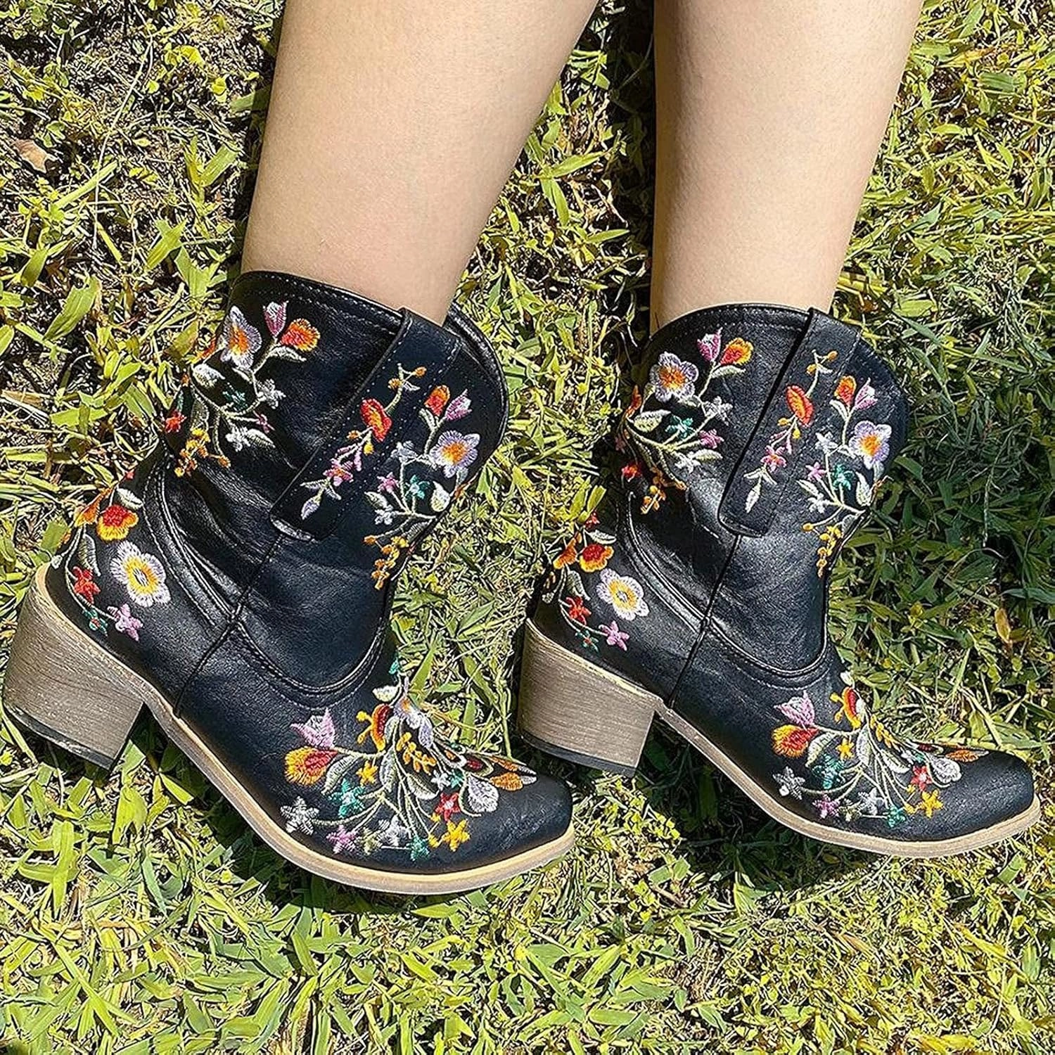 SBGMoSJ Cowboy Boots Women Size 9 with Sunflowers Western Booties Women Ankle Boots Wide Knee Boots for Women Wide Calf with Heel Womens Black Cowgirl Boots Wide Calf Womens Suede Boots Mid Calf Wide