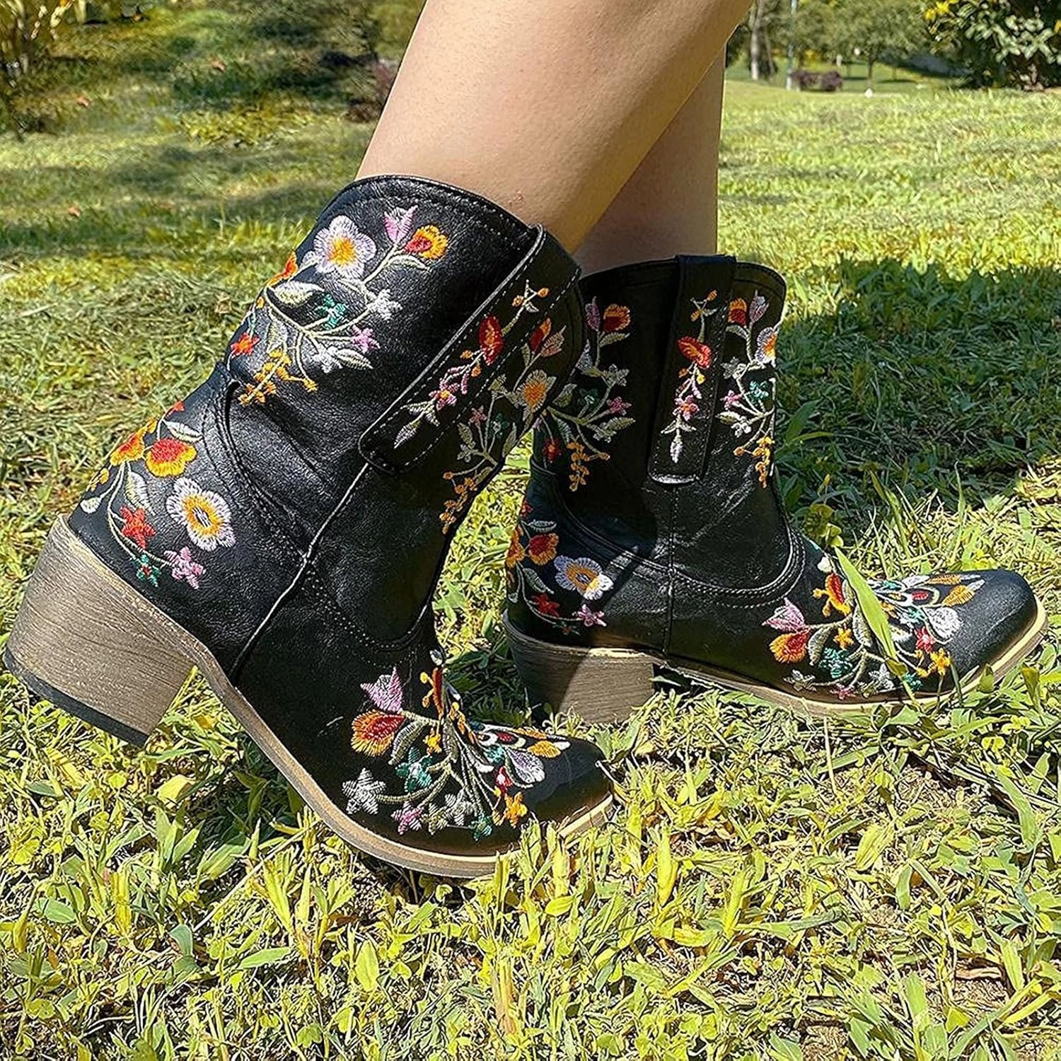 SBGMoSJ Cowboy Boots Women Size 9 with Sunflowers Western Booties Women Ankle Boots Wide Knee Boots for Women Wide Calf with Heel Womens Black Cowgirl Boots Wide Calf Womens Suede Boots Mid Calf Wide