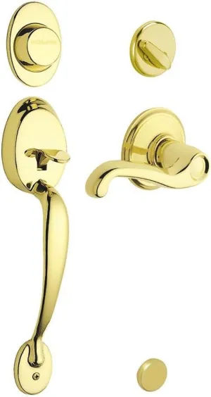 Schlage Plymouth Handleset w Flair Interior Lever Right Hand in Bright Brass - Dummy Style - F93 PLY 505 FLA RH (Bright Brass) - 496305 , Gold