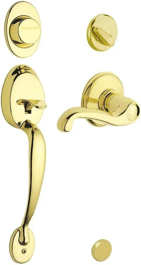 Schlage Plymouth Handleset w Flair Interior Lever Right Hand in Bright Brass - Dummy Style - F93 PLY 505 FLA RH (Bright Brass) - 496305 , Gold