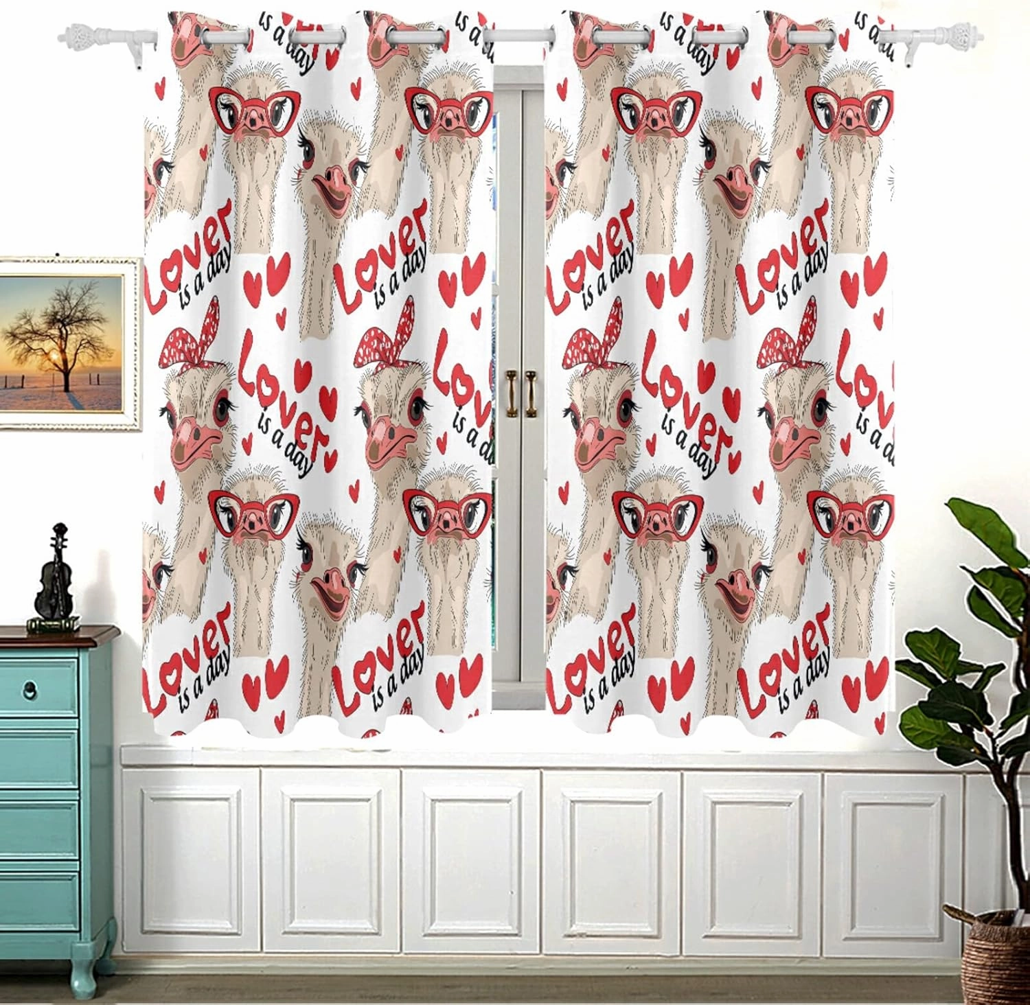 Seamless Ostriches with Red Glasses Hairpins Lover is a Day Letterings 2 PCs Window Curtain Panels, Blackout Drapes Perforated Polyester Curtain Thermal Insulated & Light Blocking Panels 63x54 inch