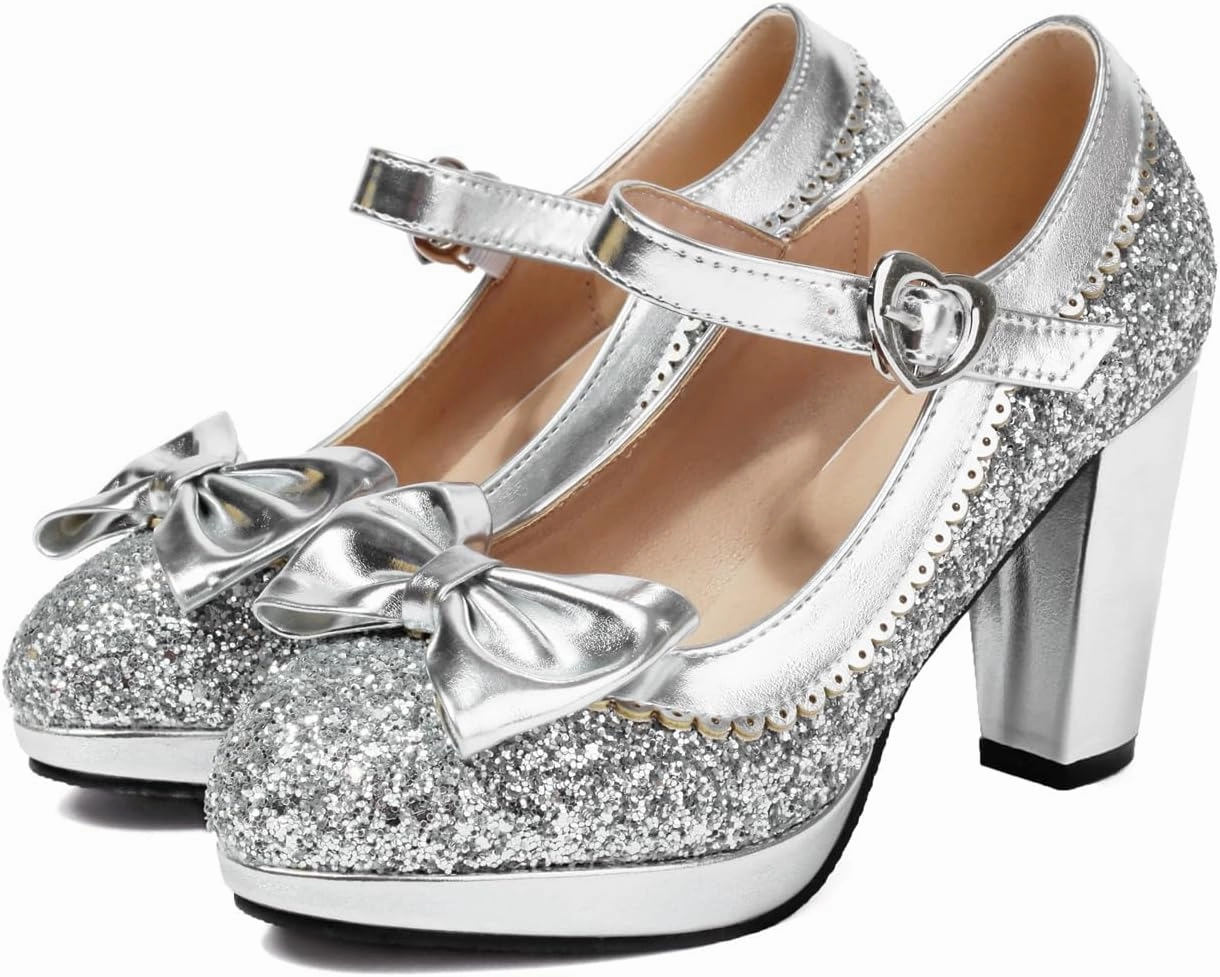 SEIFIN Women's Sequins Glitter Mary Jane Shoes Shine Sparkly Vintage Chunky High Block Heel Women Pumps with Bow and Ankle Strap Rockabilly Cosplay Kawaii Marriage Mary Jane Dress Pumps