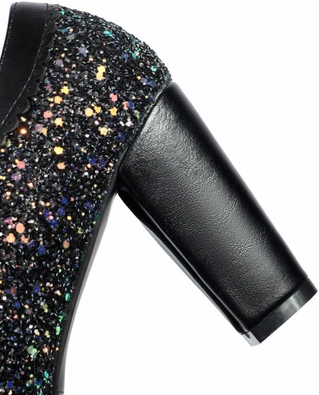 SEIFIN Women's Sequins Glitter Mary Jane Shoes Shine Sparkly Vintage Chunky High Block Heel Women Pumps with Bow and Ankle Strap Rockabilly Cosplay Kawaii Marriage Mary Jane Dress Pumps