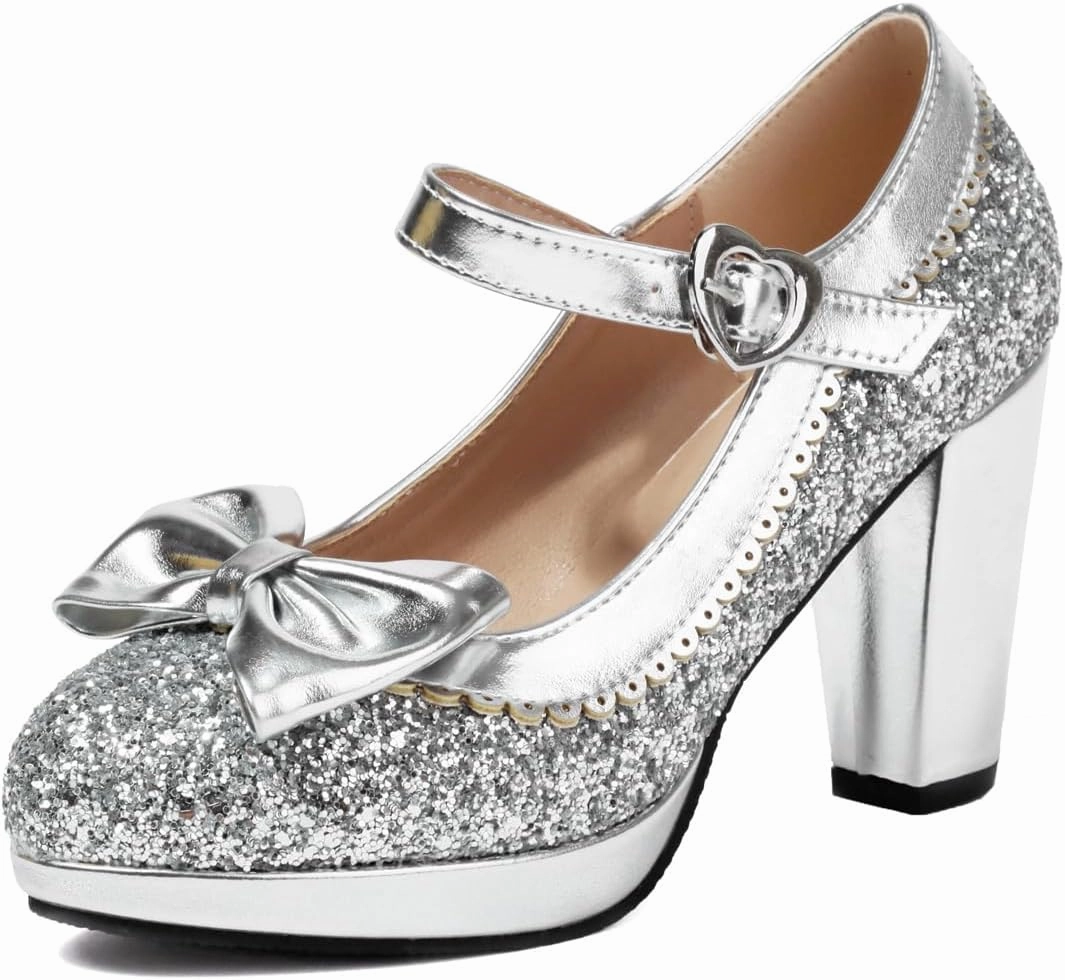 SEIFIN Women's Sequins Glitter Mary Jane Shoes Shine Sparkly Vintage Chunky High Block Heel Women Pumps with Bow and Ankle Strap Rockabilly Cosplay Kawaii Marriage Mary Jane Dress Pumps