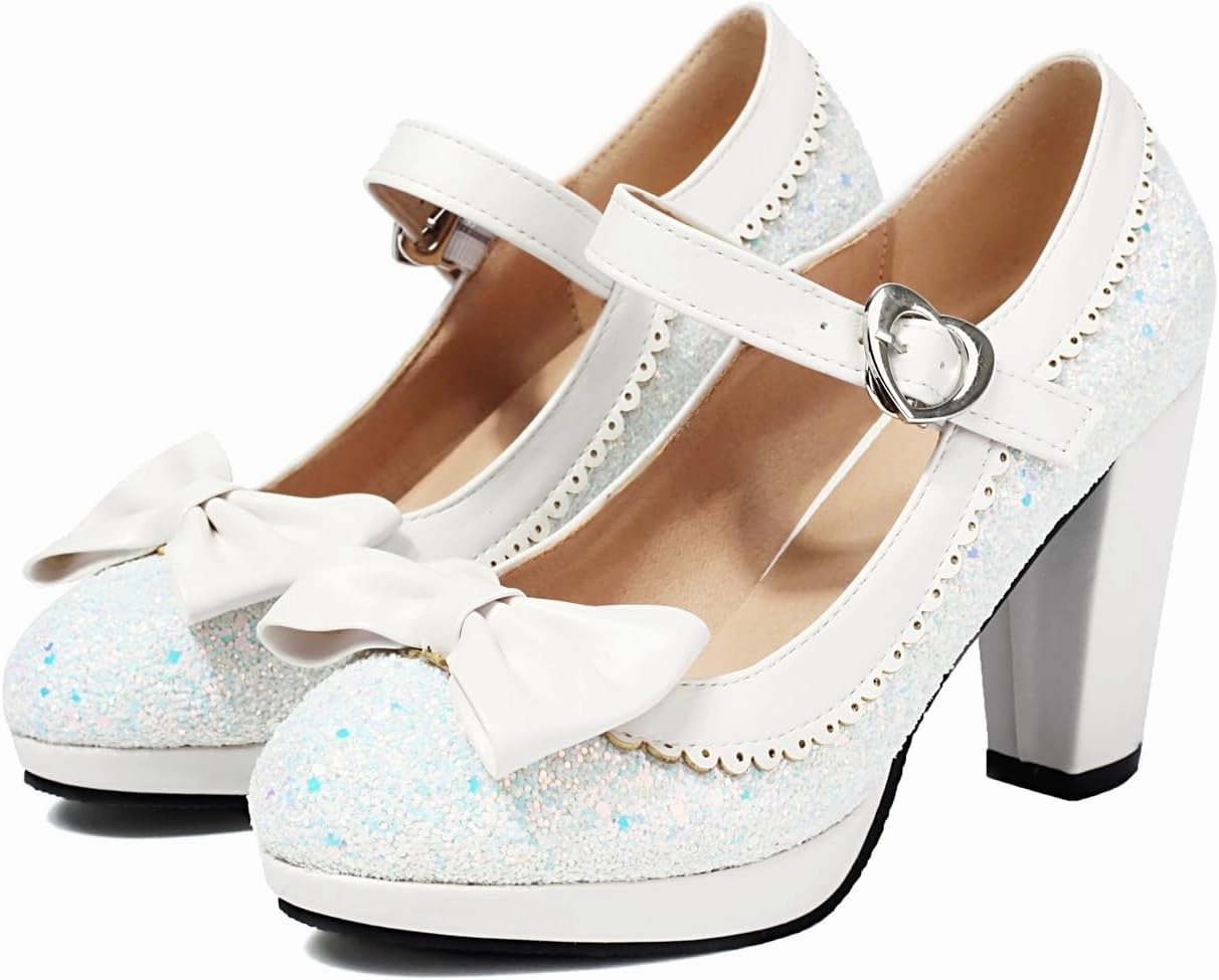 SEIFIN Women's Sequins Glitter Mary Jane Shoes Shine Sparkly Vintage Chunky High Block Heel Women Pumps with Bow and Ankle Strap Rockabilly Cosplay Kawaii Marriage Mary Jane Dress Pumps