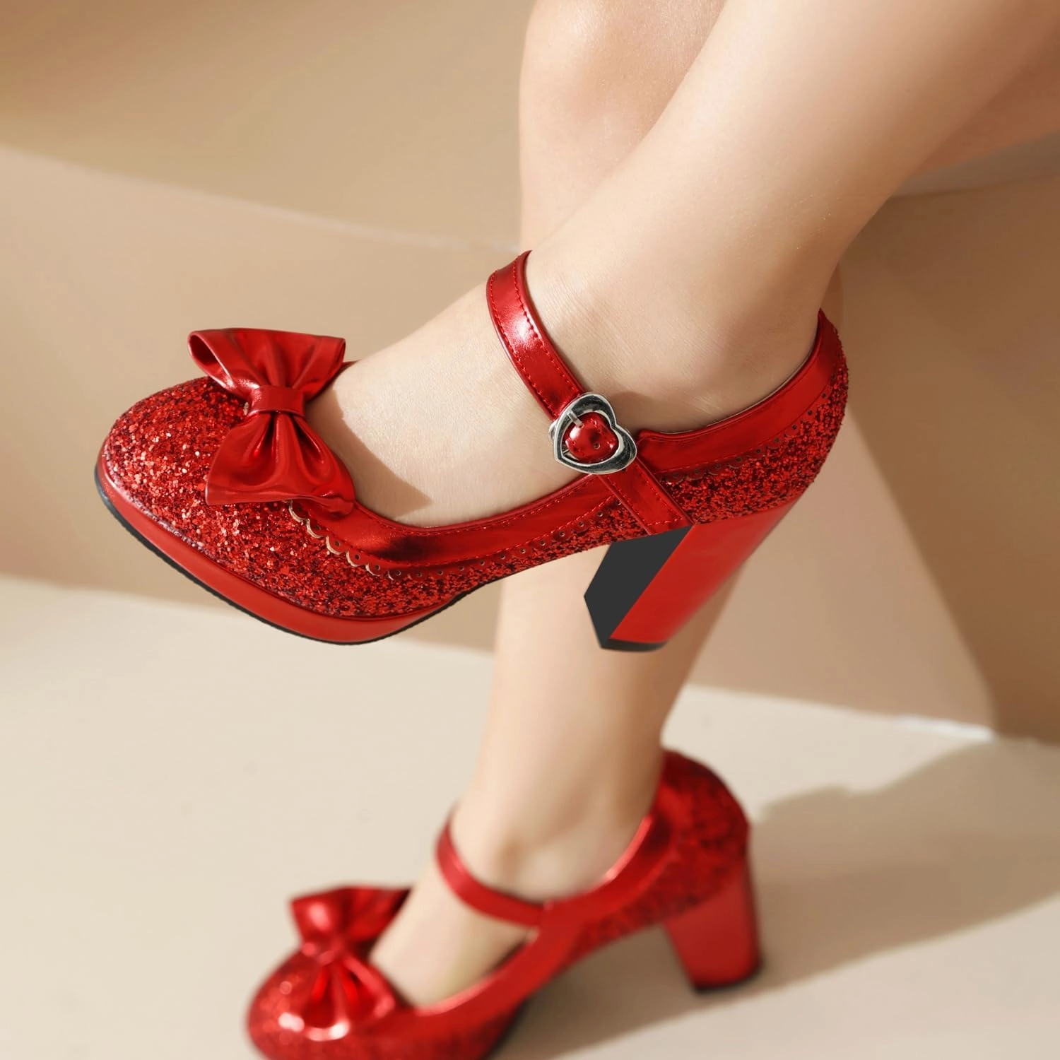 SEIFIN Women's Sequins Glitter Mary Jane Shoes Shine Sparkly Vintage Chunky High Block Heel Women Pumps with Bow and Ankle Strap Rockabilly Cosplay Kawaii Marriage Mary Jane Dress Pumps