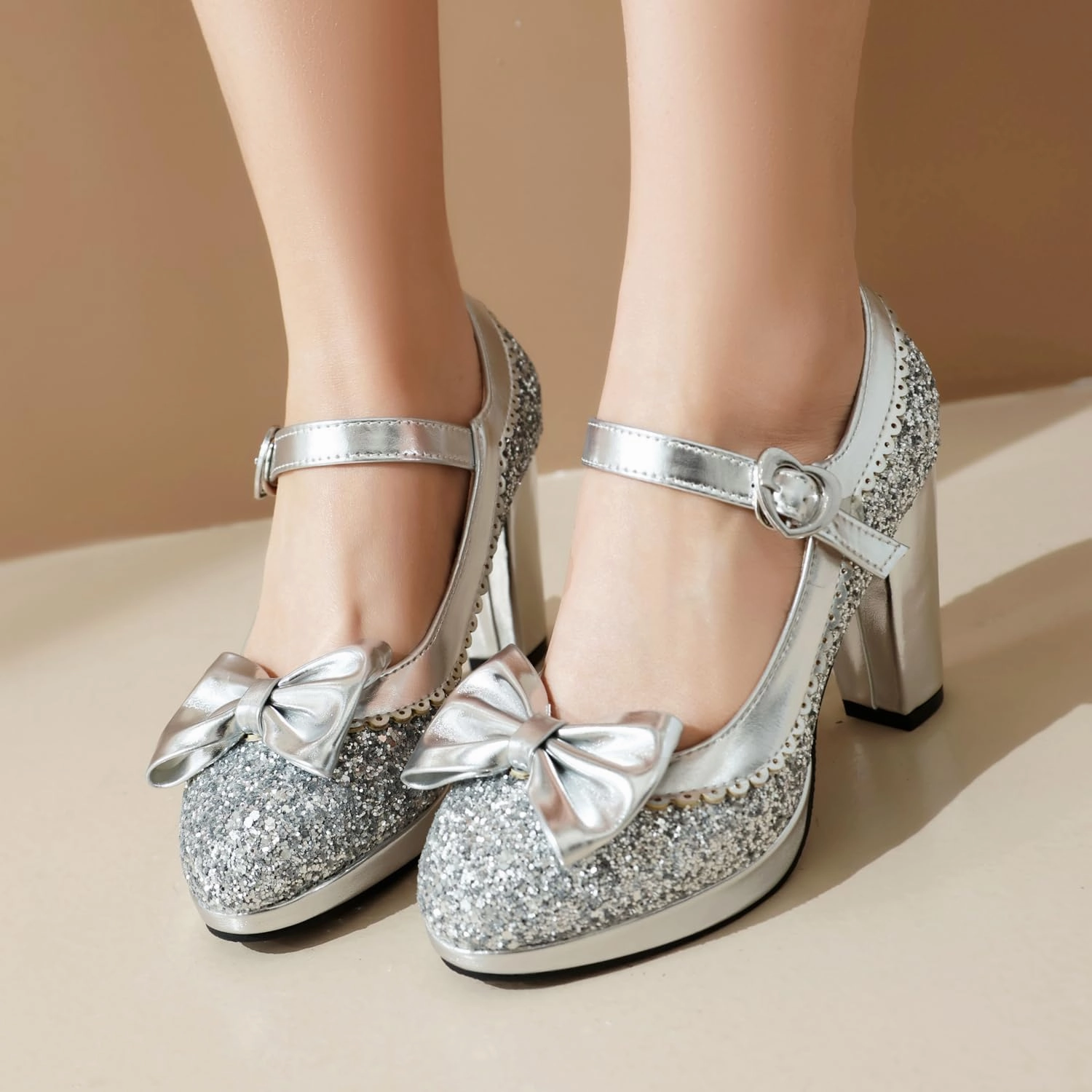 SEIFIN Women's Sequins Glitter Mary Jane Shoes Shine Sparkly Vintage Chunky High Block Heel Women Pumps with Bow and Ankle Strap Rockabilly Cosplay Kawaii Marriage Mary Jane Dress Pumps