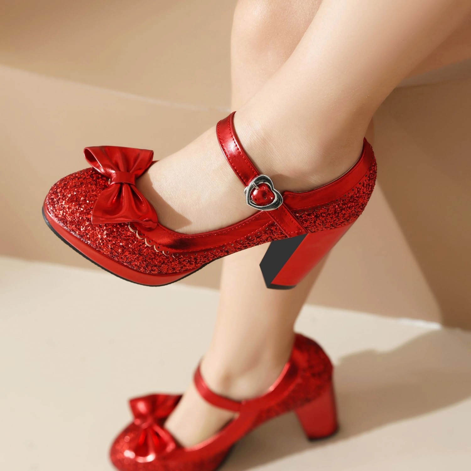 SEIFIN Women's Sequins Glitter Mary Jane Shoes Shine Sparkly Vintage Chunky High Block Heel Women Pumps with Bow and Ankle Strap Rockabilly Cosplay Kawaii Marriage Mary Jane Dress Pumps