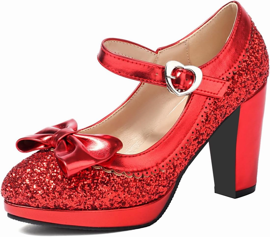 SEIFIN Women's Sequins Glitter Mary Jane Shoes Shine Sparkly Vintage Chunky High Block Heel Women Pumps with Bow and Ankle Strap Rockabilly Cosplay Kawaii Marriage Mary Jane Dress Pumps