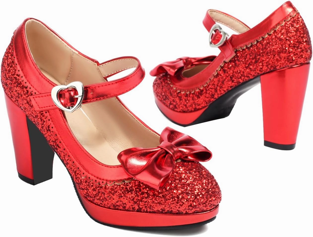 SEIFIN Women's Sequins Glitter Mary Jane Shoes Shine Sparkly Vintage Chunky High Block Heel Women Pumps with Bow and Ankle Strap Rockabilly Cosplay Kawaii Marriage Mary Jane Dress Pumps