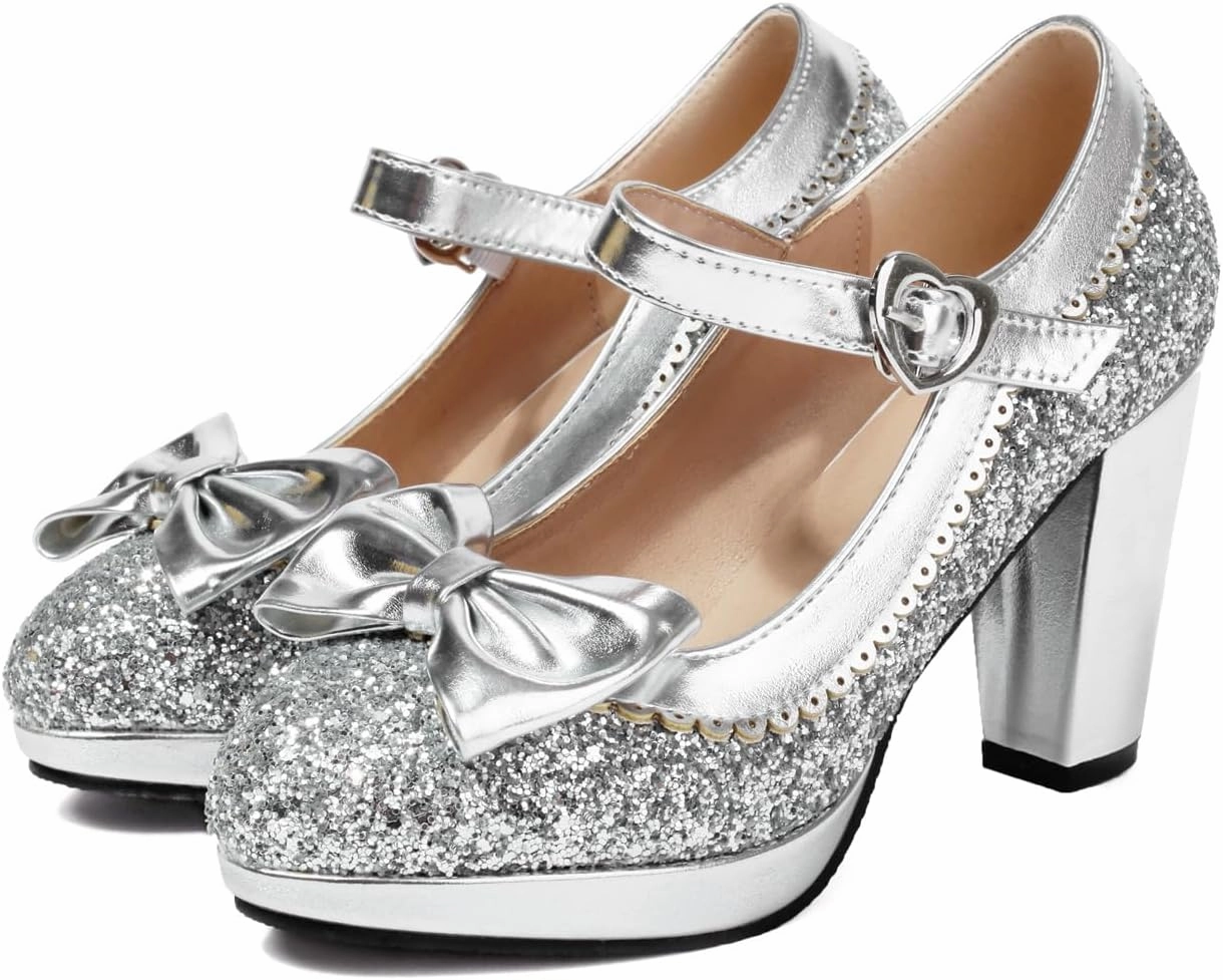 SEIFIN Women's Sequins Glitter Mary Jane Shoes Shine Sparkly Vintage Chunky High Block Heel Women Pumps with Bow and Ankle Strap Rockabilly Cosplay Kawaii Marriage Mary Jane Dress Pumps