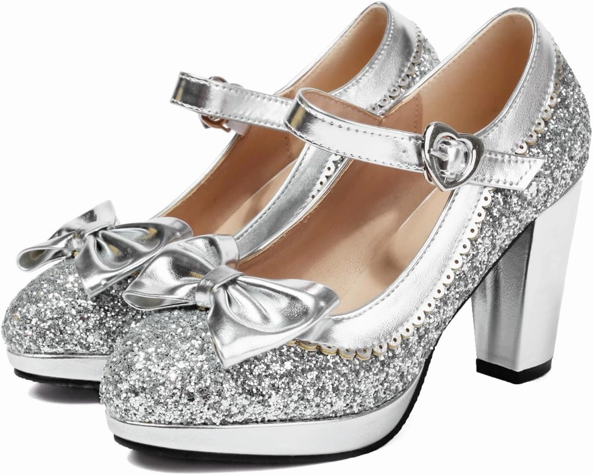 SEIFIN Women's Sequins Glitter Mary Jane Shoes Shine Sparkly Vintage Chunky High Block Heel Women Pumps with Bow and Ankle Strap Rockabilly Cosplay Kawaii Marriage Mary Jane Dress Pumps