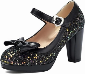 SEIFIN Women's Sequins Glitter Mary Jane Shoes Shine Sparkly Vintage Chunky High Block Heel Women Pumps with Bow and Ankle Strap Rockabilly Cosplay Kawaii Marriage Mary Jane Dress Pumps