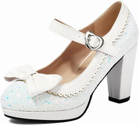 SEIFIN Women's Sequins Glitter Mary Jane Shoes Shine Sparkly Vintage Chunky High Block Heel Women Pumps with Bow and Ankle Strap Rockabilly Cosplay Kawaii Marriage Mary Jane Dress Pumps