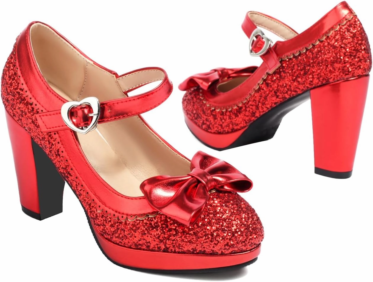 SEIFIN Women's Sequins Glitter Mary Jane Shoes Shine Sparkly Vintage Chunky High Block Heel Women Pumps with Bow and Ankle Strap Rockabilly Cosplay Kawaii Marriage Mary Jane Dress Pumps