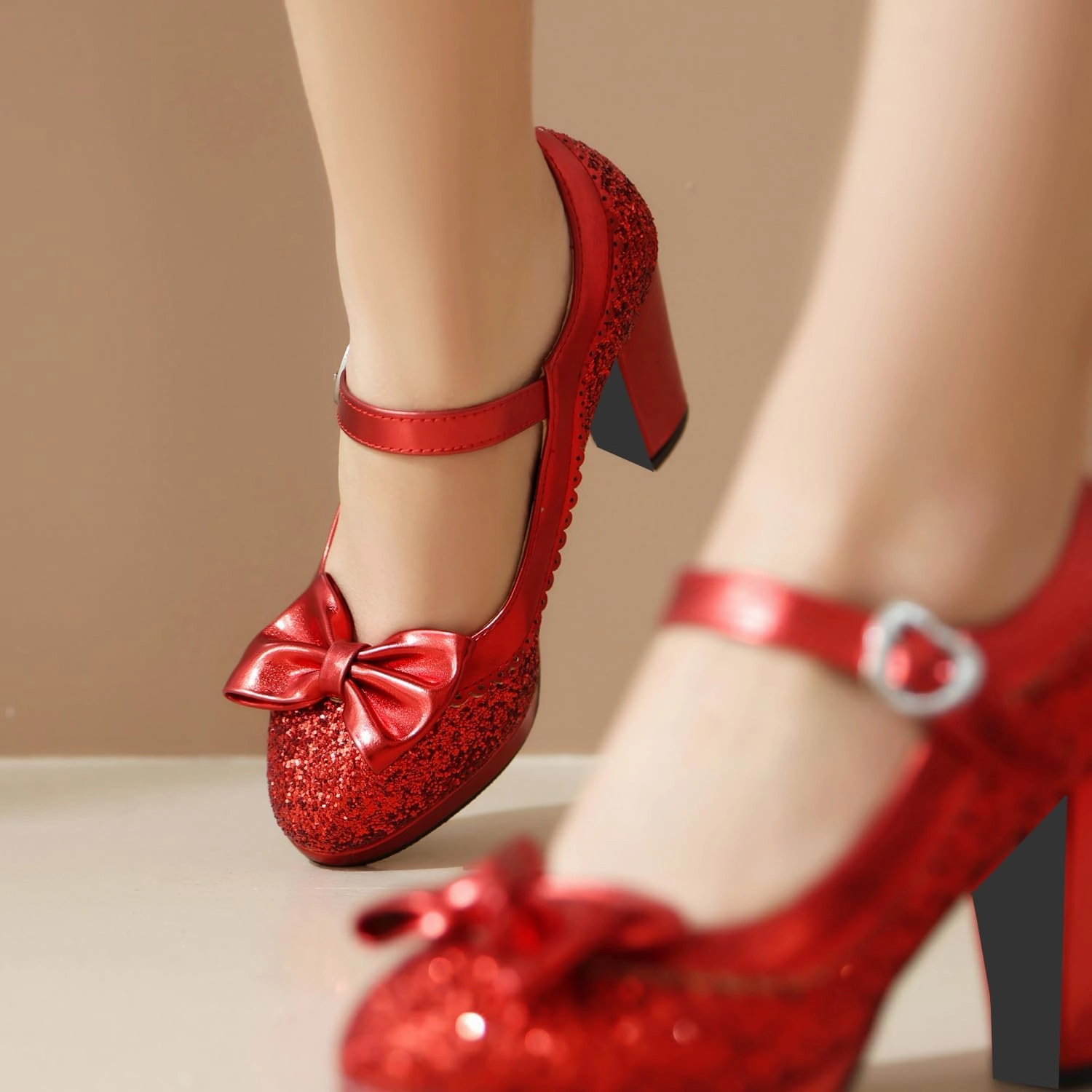 SEIFIN Women's Sequins Glitter Mary Jane Shoes Shine Sparkly Vintage Chunky High Block Heel Women Pumps with Bow and Ankle Strap Rockabilly Cosplay Kawaii Marriage Mary Jane Dress Pumps