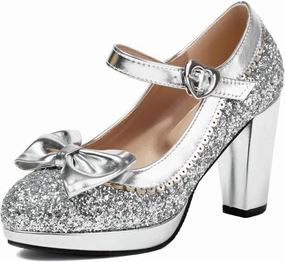 SEIFIN Women's Sequins Glitter Mary Jane Shoes Shine Sparkly Vintage Chunky High Block Heel Women Pumps with Bow and Ankle Strap Rockabilly Cosplay Kawaii Marriage Mary Jane Dress Pumps