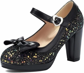 SEIFIN Women's Sequins Glitter Mary Jane Shoes Shine Sparkly Vintage Chunky High Block Heel Women Pumps with Bow and Ankle Strap Rockabilly Cosplay Kawaii Marriage Mary Jane Dress Pumps