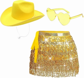 Sequin Skirt with Cowgirl Hat for Women - Sparkly Glitter Belly Dancing Skirt, Tassel Skirt with Sunglass, Rave Party Costume