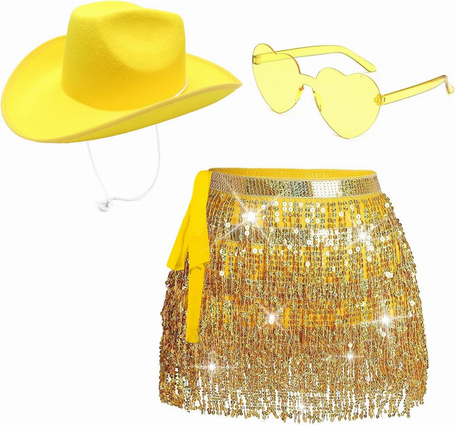 Sequin Skirt with Cowgirl Hat for Women - Sparkly Glitter Belly Dancing Skirt, Tassel Skirt with Sunglass, Rave Party Costume