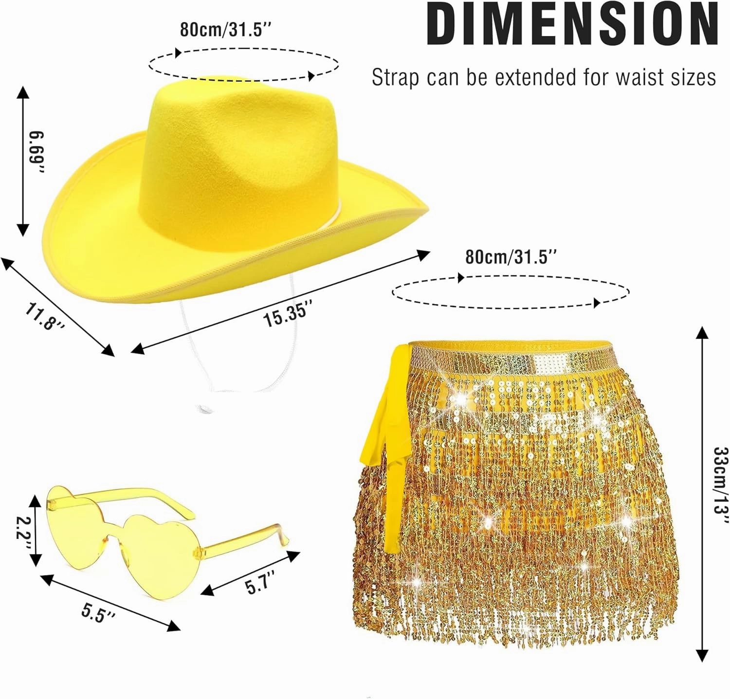 Sequin Skirt with Cowgirl Hat for Women - Sparkly Glitter Belly Dancing Skirt, Tassel Skirt with Sunglass, Rave Party Costume