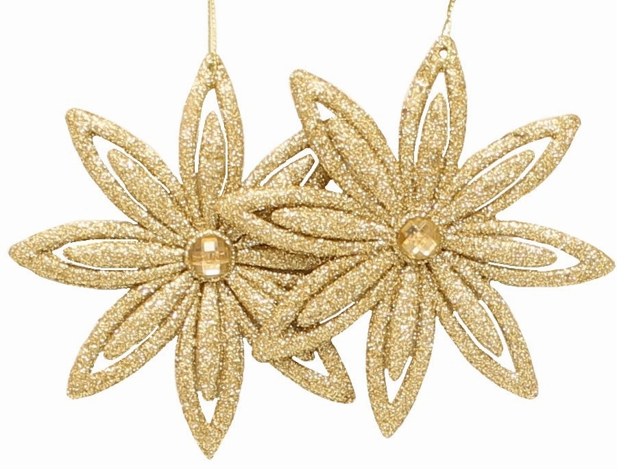 Set of 2 Gold Glitter Flower Ornaments