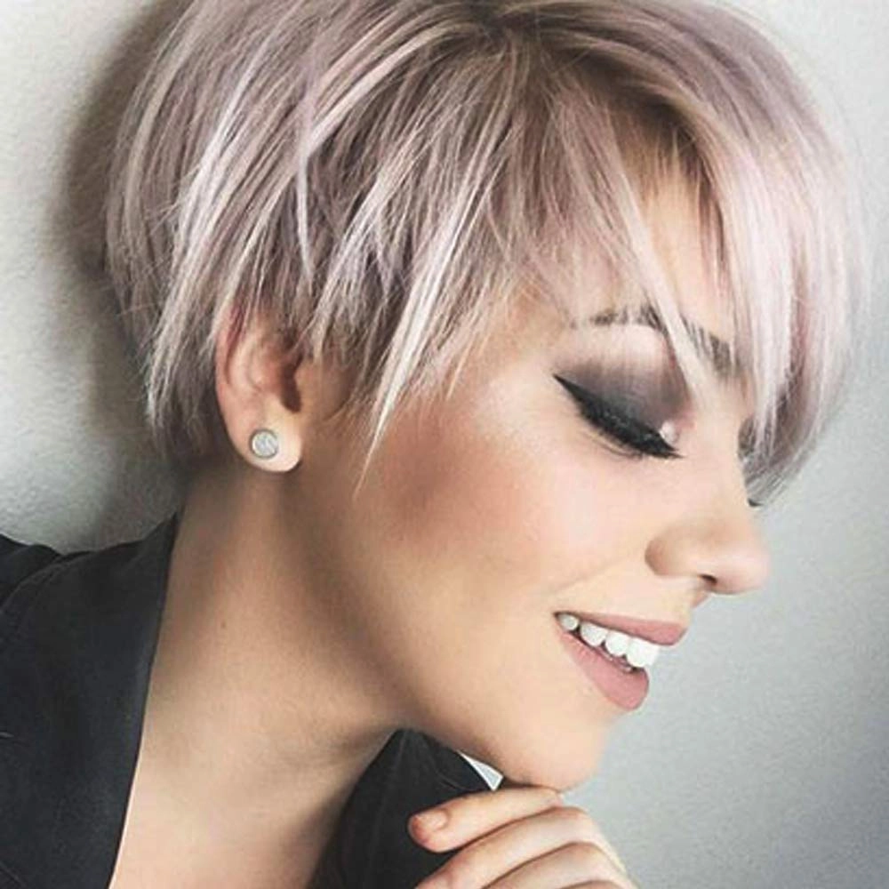 SEVENCOLORS Short Pixie Cut Wigs for White Women Blonde Mixed Light Pink Short Wigs with Bangs Layered Synthetic Hair Wigs Natural Looking
