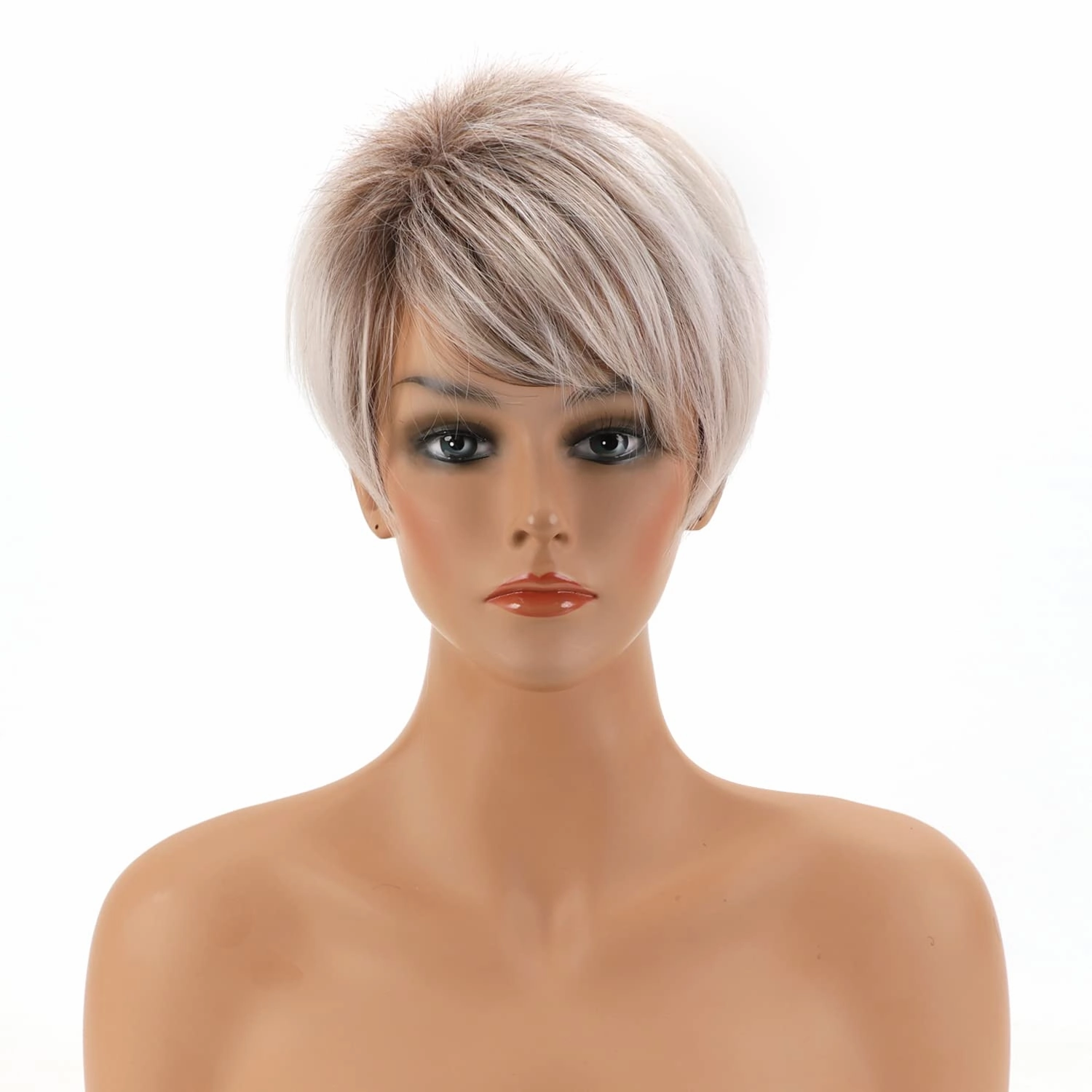 SEVENCOLORS Short Pixie Cut Wigs for White Women Blonde Mixed Light Pink Short Wigs with Bangs Layered Synthetic Hair Wigs Natural Looking