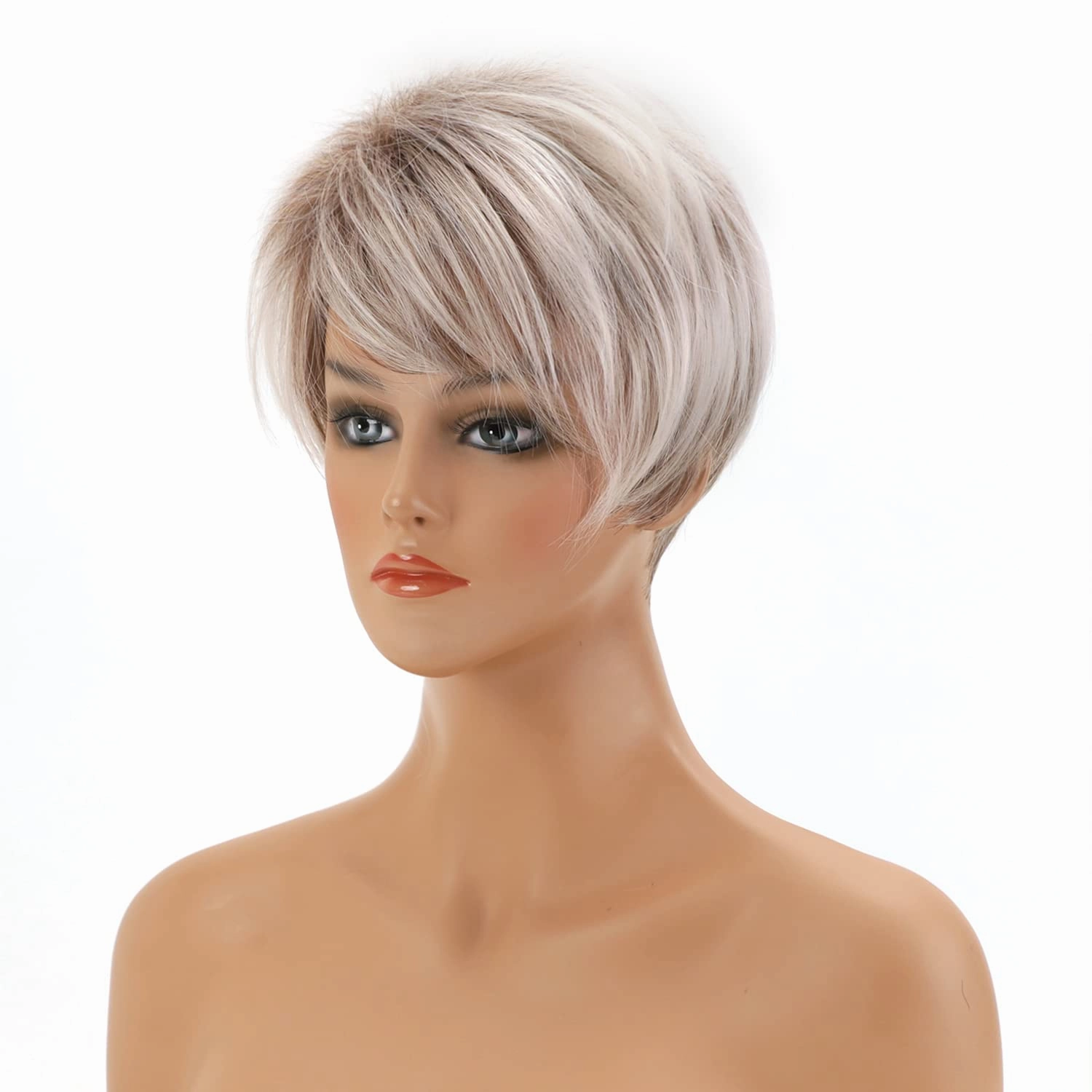 SEVENCOLORS Short Pixie Cut Wigs for White Women Blonde Mixed Light Pink Short Wigs with Bangs Layered Synthetic Hair Wigs Natural Looking