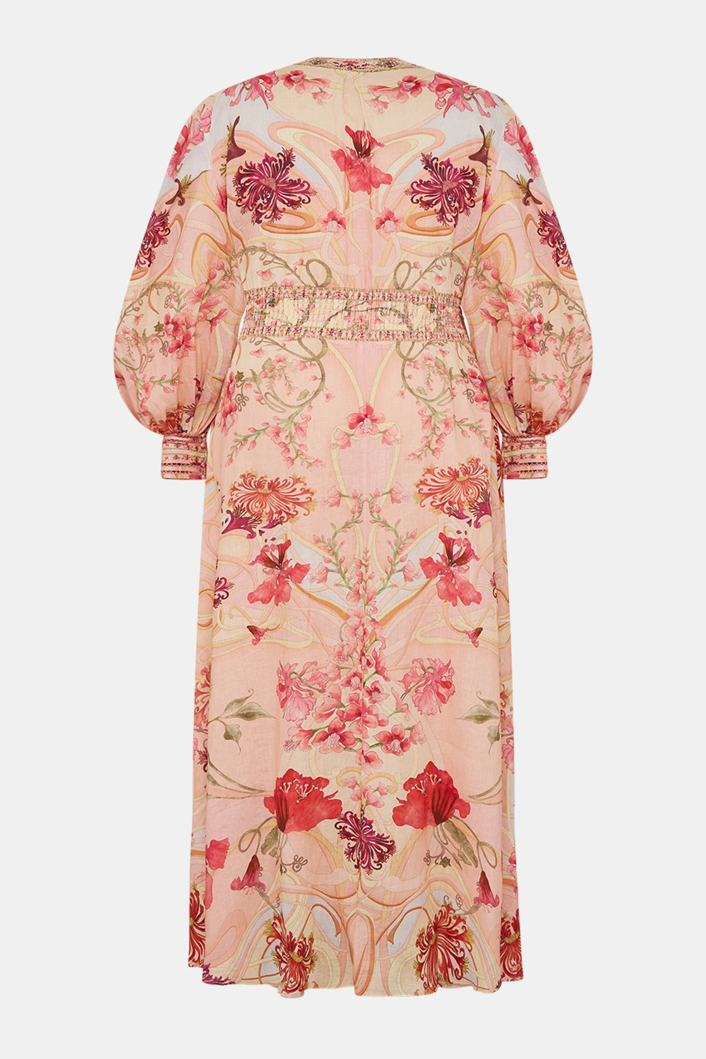 SHAPED WAISTBAND DRESS WITH GATHERED SLEEVES BLOSSOMS AND BRUSHSTROKES