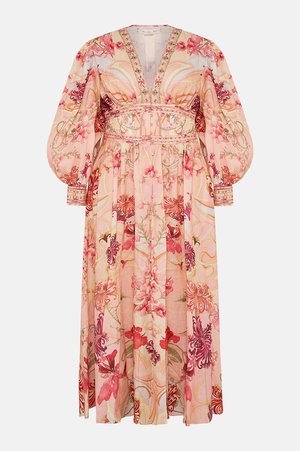 SHAPED WAISTBAND DRESS WITH GATHERED SLEEVES BLOSSOMS AND BRUSHSTROKES