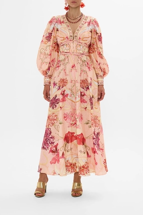 SHAPED WAISTBAND DRESS WITH GATHERED SLEEVES BLOSSOMS AND BRUSHSTROKES