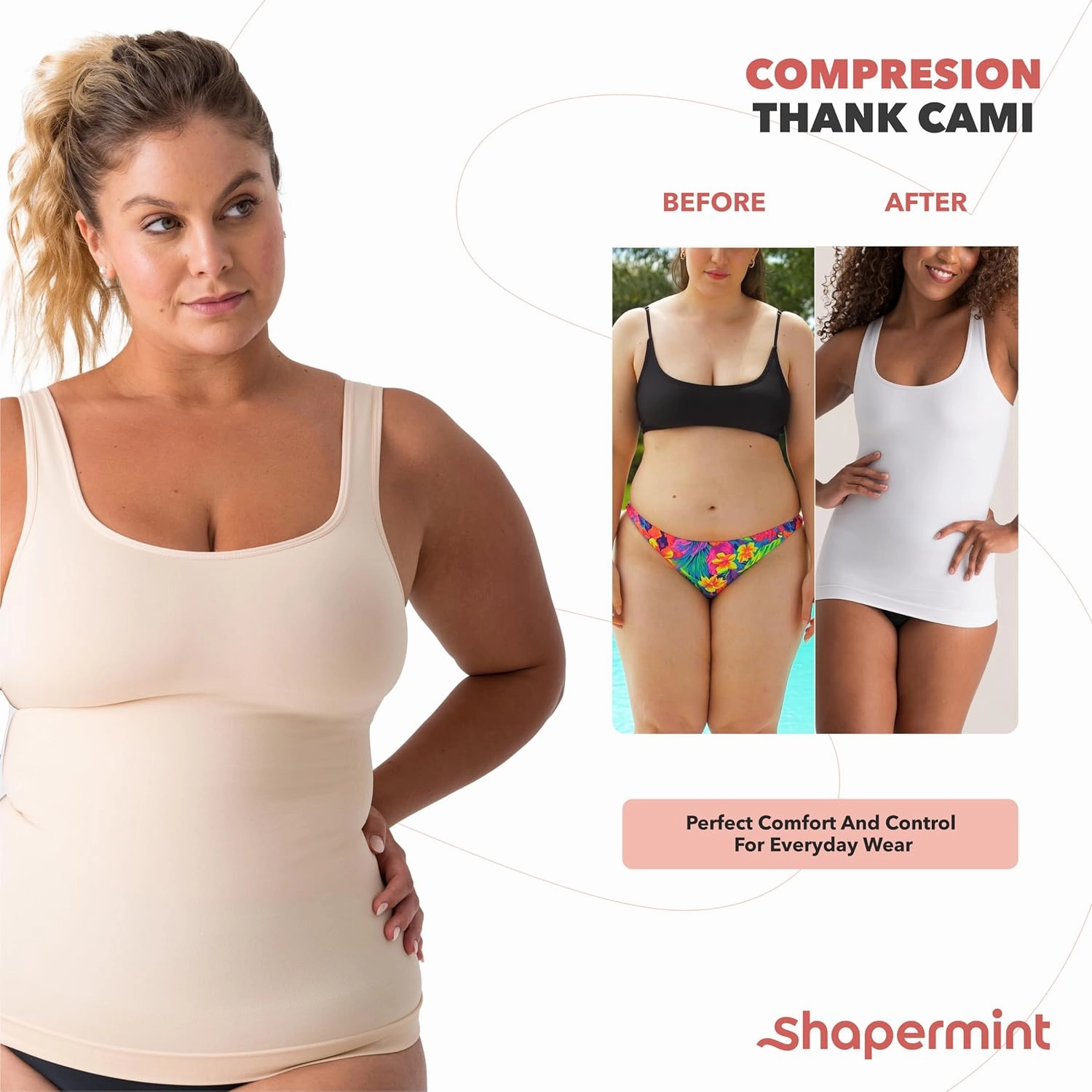 SHAPERMINT Compression Tank Cami - Tummy and Waist Control Body Shapewear Camisole for Women