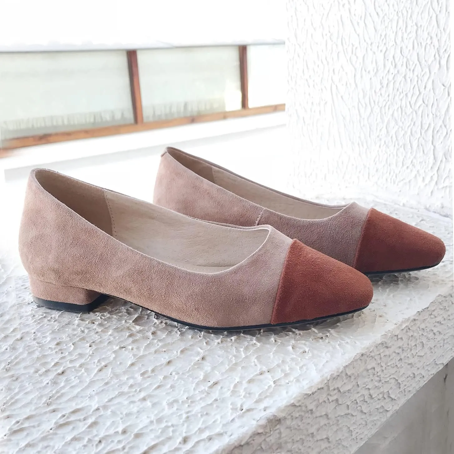 SHODENSE Women Cap Toe Flats Suede Slip On Square Closed Toe Ballet Flats Two-Toned Flat Heel Dress Shoes Ladies Girls Office Work Flat Shoes Daily Causal Fall Club Driver Flats Comfort 4-11 M US