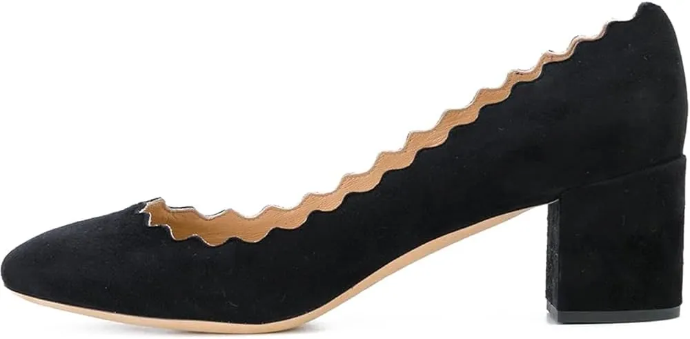 SHODENSE Women Comfortable Chunky Block Heel Pumps Shoes Round Closed Toe Slip On 2" Scalloped Heels Suede Pumps Dress Shoes for Ladies Bridal Wedding Party Office Work Elegant Formal Spring 4-11 M US
