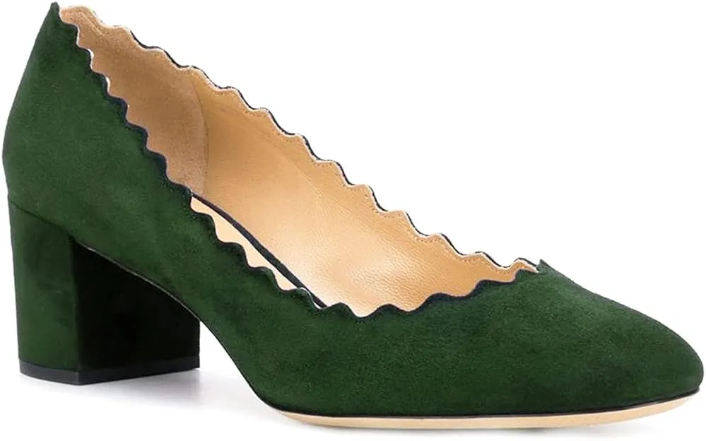 SHODENSE Women Comfortable Chunky Block Heel Pumps Shoes Round Closed Toe Slip On 2" Scalloped Heels Suede Pumps Dress Shoes for Ladies Bridal Wedding Party Office Work Elegant Formal Spring 4-11 M US