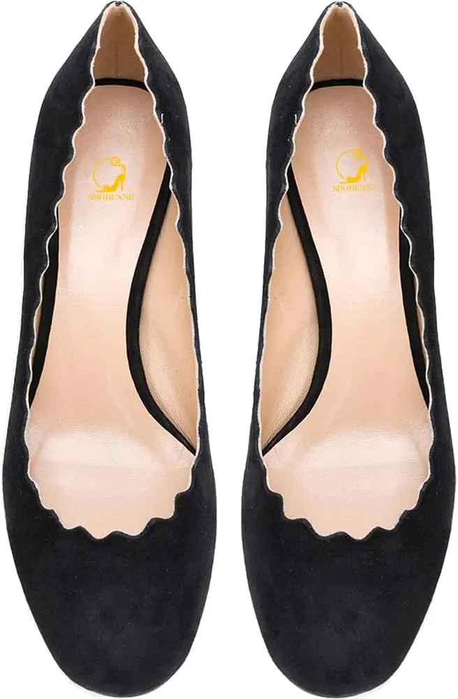 SHODENSE Women Comfortable Chunky Block Heel Pumps Shoes Round Closed Toe Slip On 2" Scalloped Heels Suede Pumps Dress Shoes for Ladies Bridal Wedding Party Office Work Elegant Formal Spring 4-11 M US