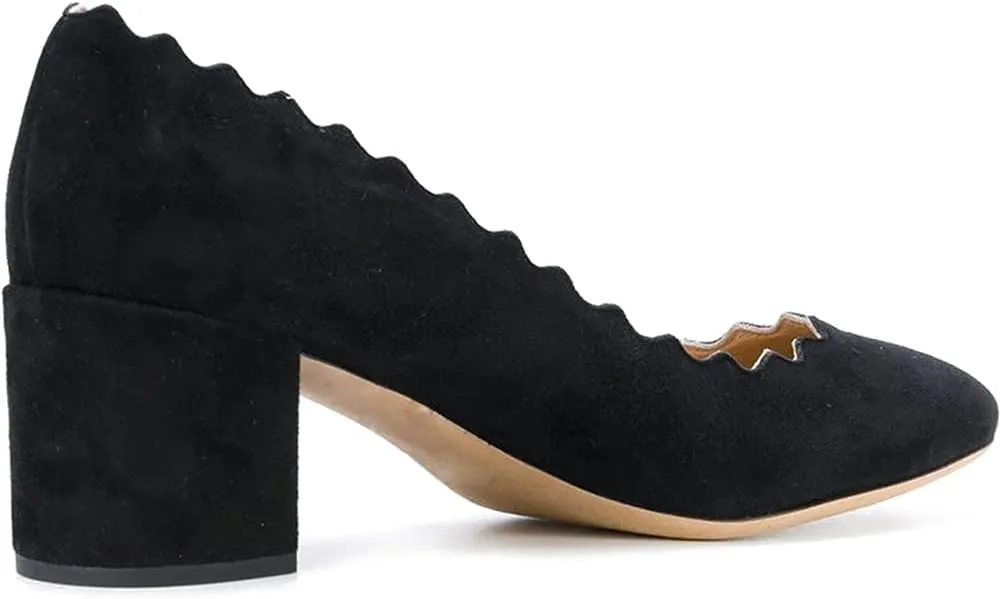SHODENSE Women Comfortable Chunky Block Heel Pumps Shoes Round Closed Toe Slip On 2" Scalloped Heels Suede Pumps Dress Shoes for Ladies Bridal Wedding Party Office Work Elegant Formal Spring 4-11 M US