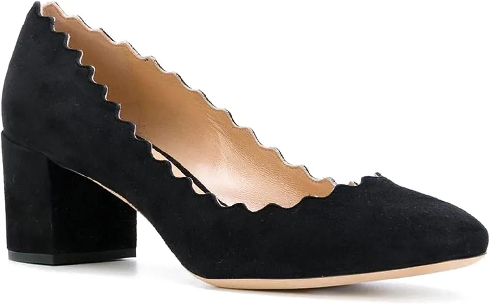 SHODENSE Women Comfortable Chunky Block Heel Pumps Shoes Round Closed Toe Slip On 2" Scalloped Heels Suede Pumps Dress Shoes for Ladies Bridal Wedding Party Office Work Elegant Formal Spring 4-11 M US