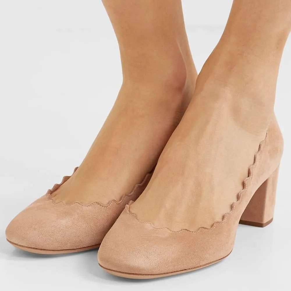 SHODENSE Women Comfortable Chunky Block Heel Pumps Shoes Round Closed Toe Slip On 2" Scalloped Heels Suede Pumps Dress Shoes for Ladies Bridal Wedding Party Office Work Elegant Formal Spring 4-11 M US