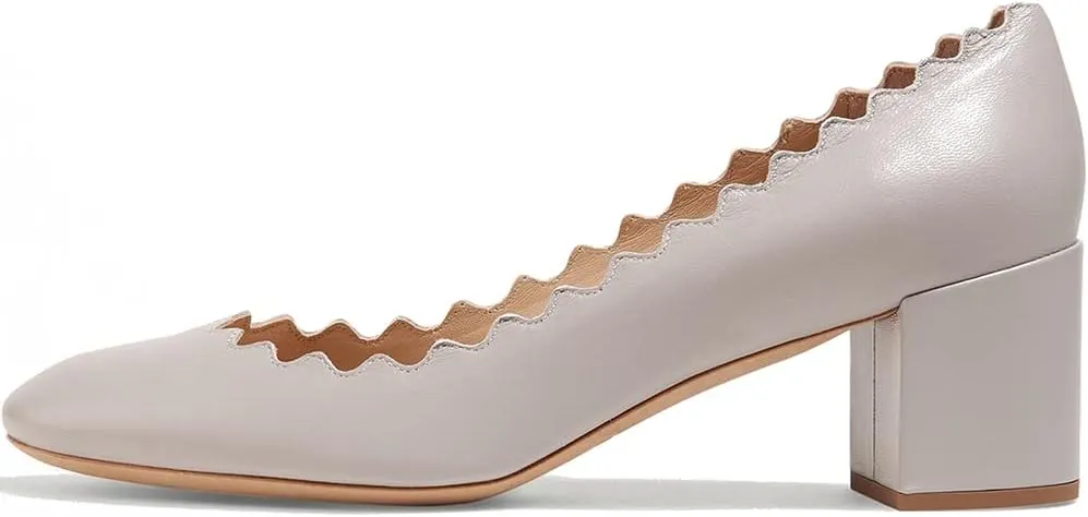 SHODENSE Women Comfortable Chunky Block Heel Pumps Shoes Round Closed Toe Slip On 2" Scalloped Heels Suede Pumps Dress Shoes for Ladies Bridal Wedding Party Office Work Elegant Formal Spring 4-11 M US