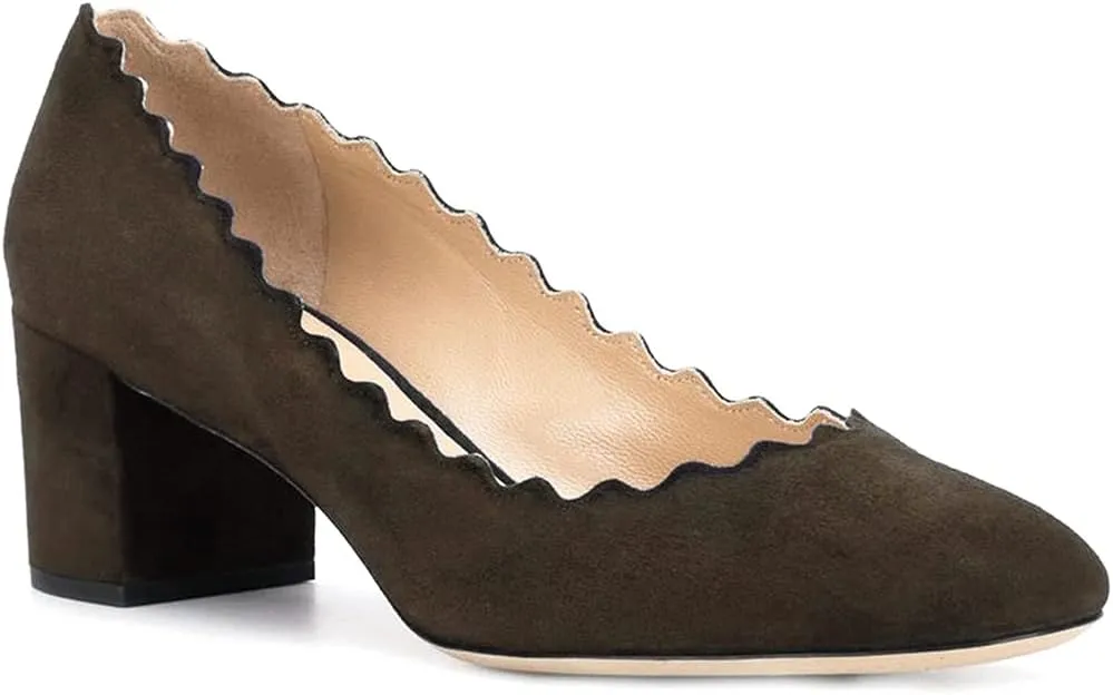 SHODENSE Women Comfortable Chunky Block Heel Pumps Shoes Round Closed Toe Slip On 2" Scalloped Heels Suede Pumps Dress Shoes for Ladies Bridal Wedding Party Office Work Elegant Formal Spring 4-11 M US