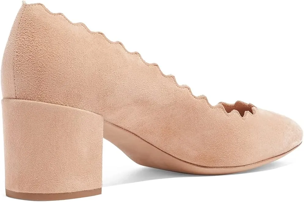 SHODENSE Women Comfortable Chunky Block Heel Pumps Shoes Round Closed Toe Slip On 2" Scalloped Heels Suede Pumps Dress Shoes for Ladies Bridal Wedding Party Office Work Elegant Formal Spring 4-11 M US