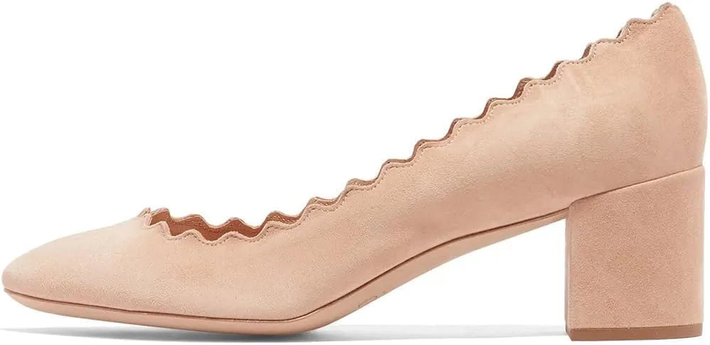 SHODENSE Women Comfortable Chunky Block Heel Pumps Shoes Round Closed Toe Slip On 2" Scalloped Heels Suede Pumps Dress Shoes for Ladies Bridal Wedding Party Office Work Elegant Formal Spring 4-11 M US