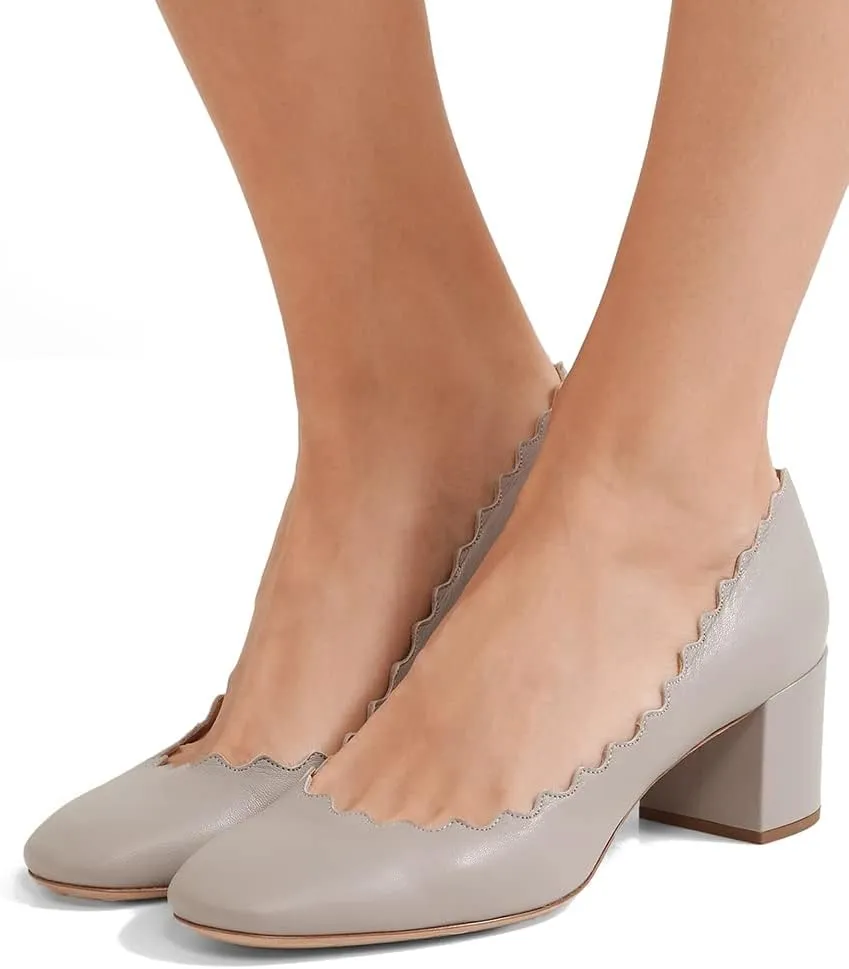 SHODENSE Women Comfortable Chunky Block Heel Pumps Shoes Round Closed Toe Slip On 2" Scalloped Heels Suede Pumps Dress Shoes for Ladies Bridal Wedding Party Office Work Elegant Formal Spring 4-11 M US
