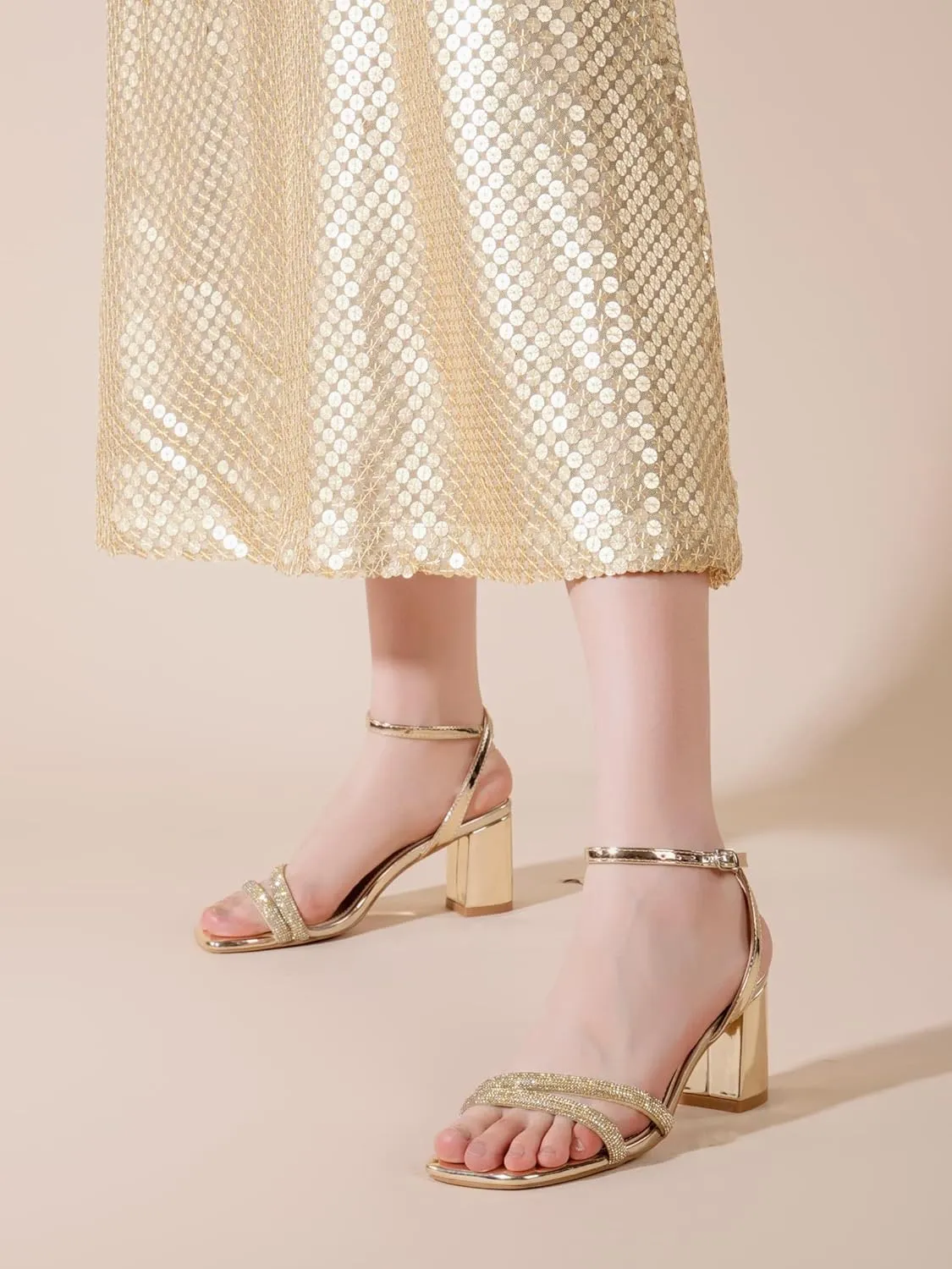 Shoe'N Tale Strappy Heels for Women Square Toe Chunky Block Heels Ankle Buckle Heeled Sandals