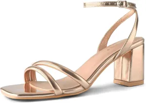 Shoe'N Tale Strappy Heels for Women Square Toe Chunky Block Heels Ankle Buckle Heeled Sandals
