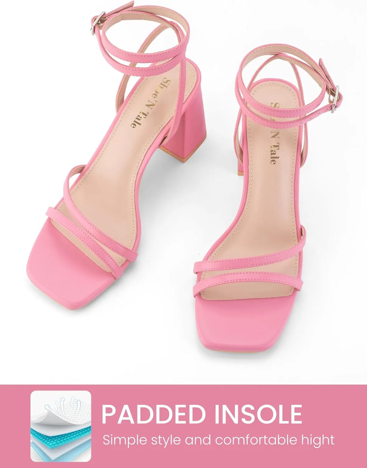 Shoe'N Tale Strappy Heels for Women Square Toe Chunky Block Heels Square Toe Ankle Strap Sandals